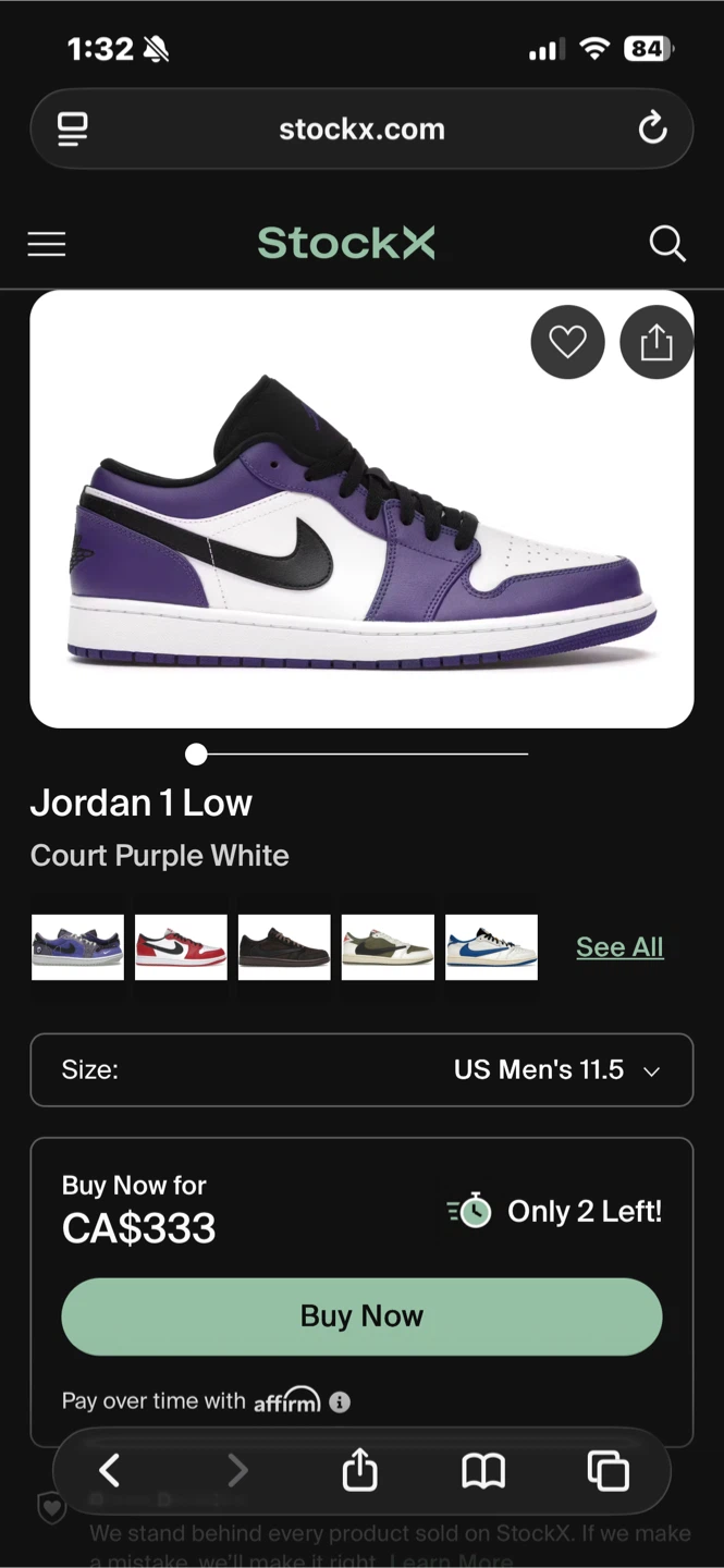 Air Jordan 1 Low Court Purple White US11.5