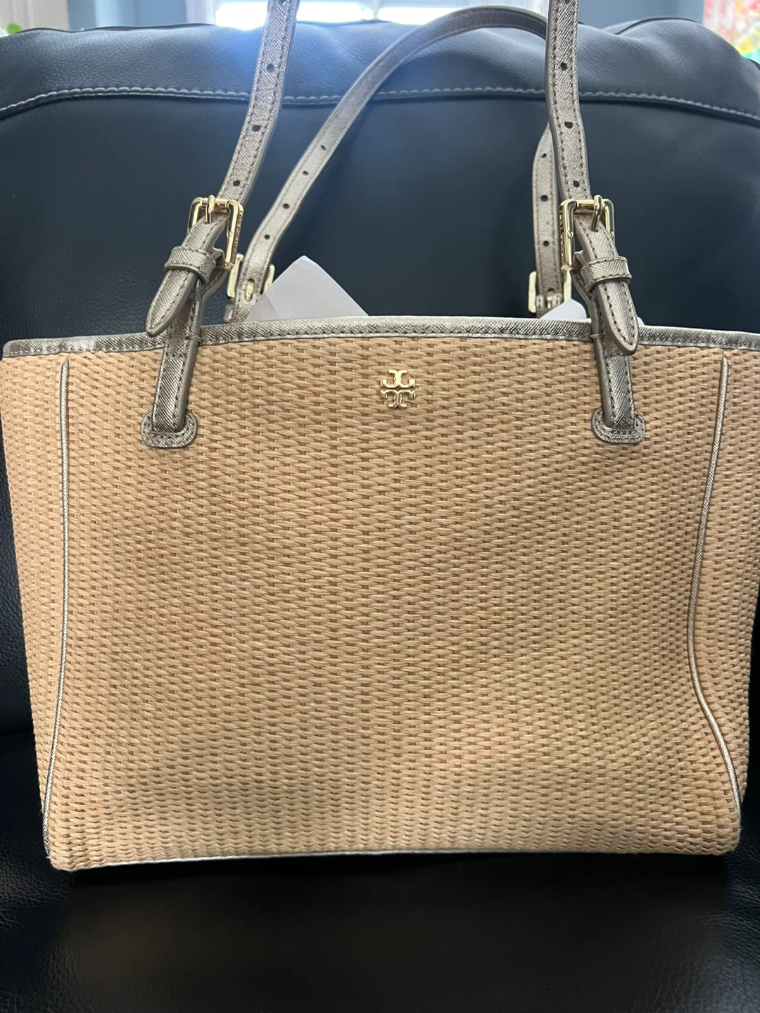 Tory Burch Straw Tote Bag Gold Accents
