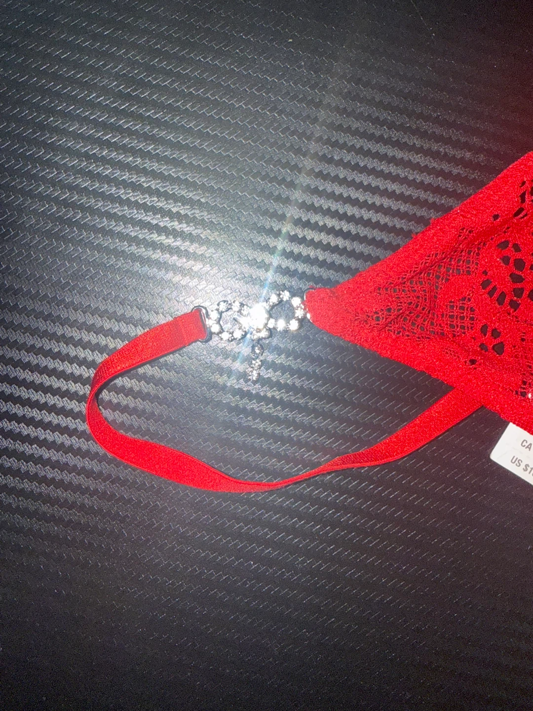 Red Lace G-string Thong with Rhinestone Detail - photo 2