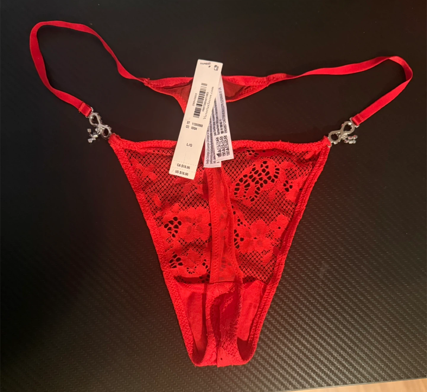 Red Lace G-string Thong with Rhinestone Detail