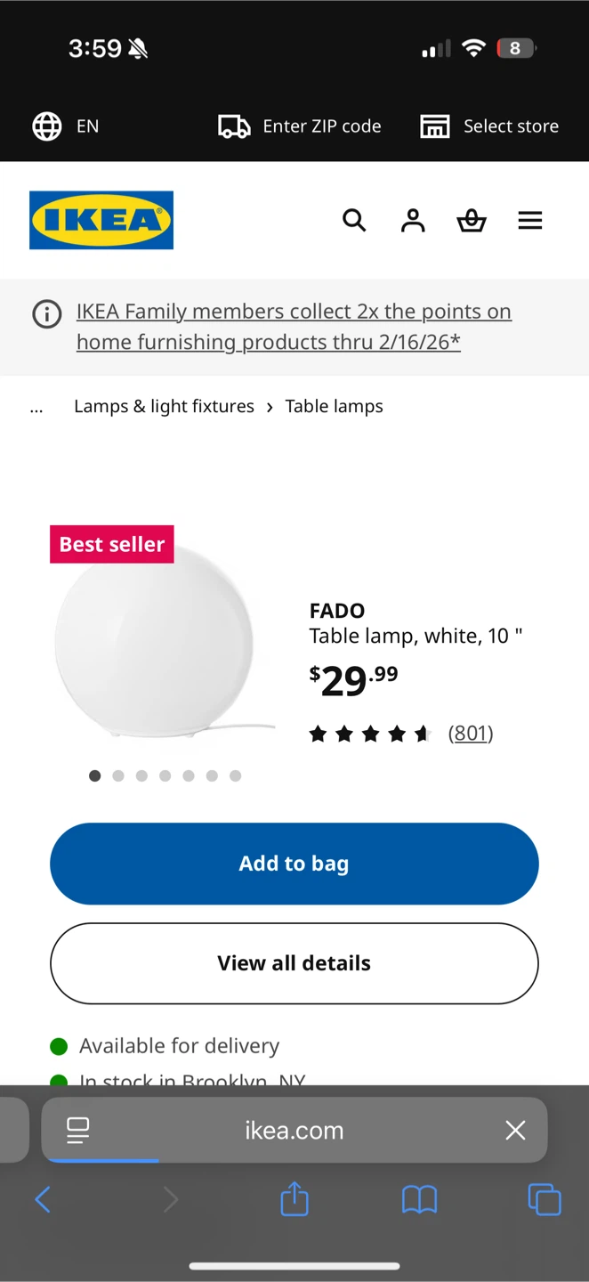 IKEA FADO Table Lamp, White, 10"