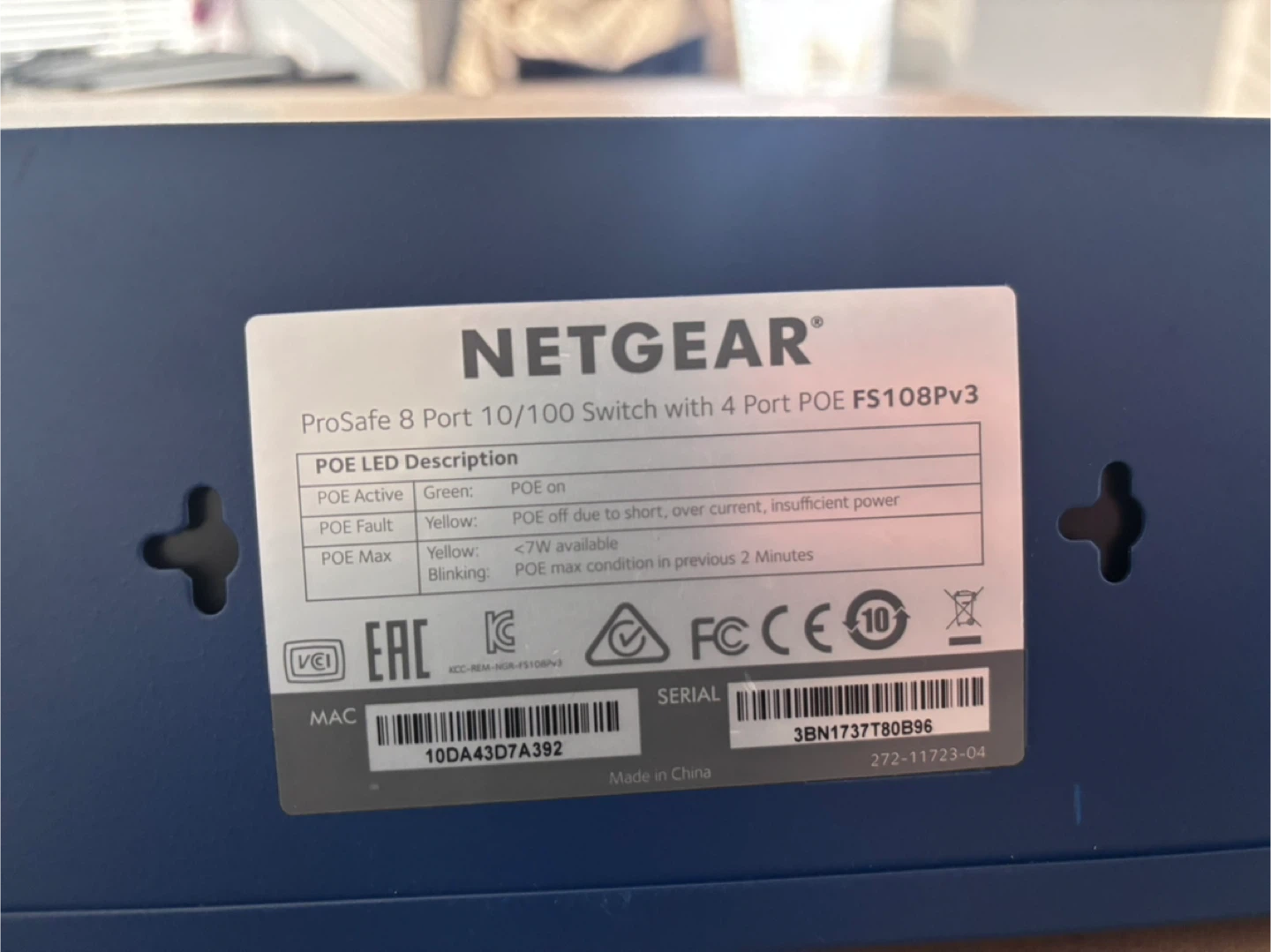 NETGEAR ProSafe 8 Port 10/100 Switch with 4 Port PoE FS108Pv3