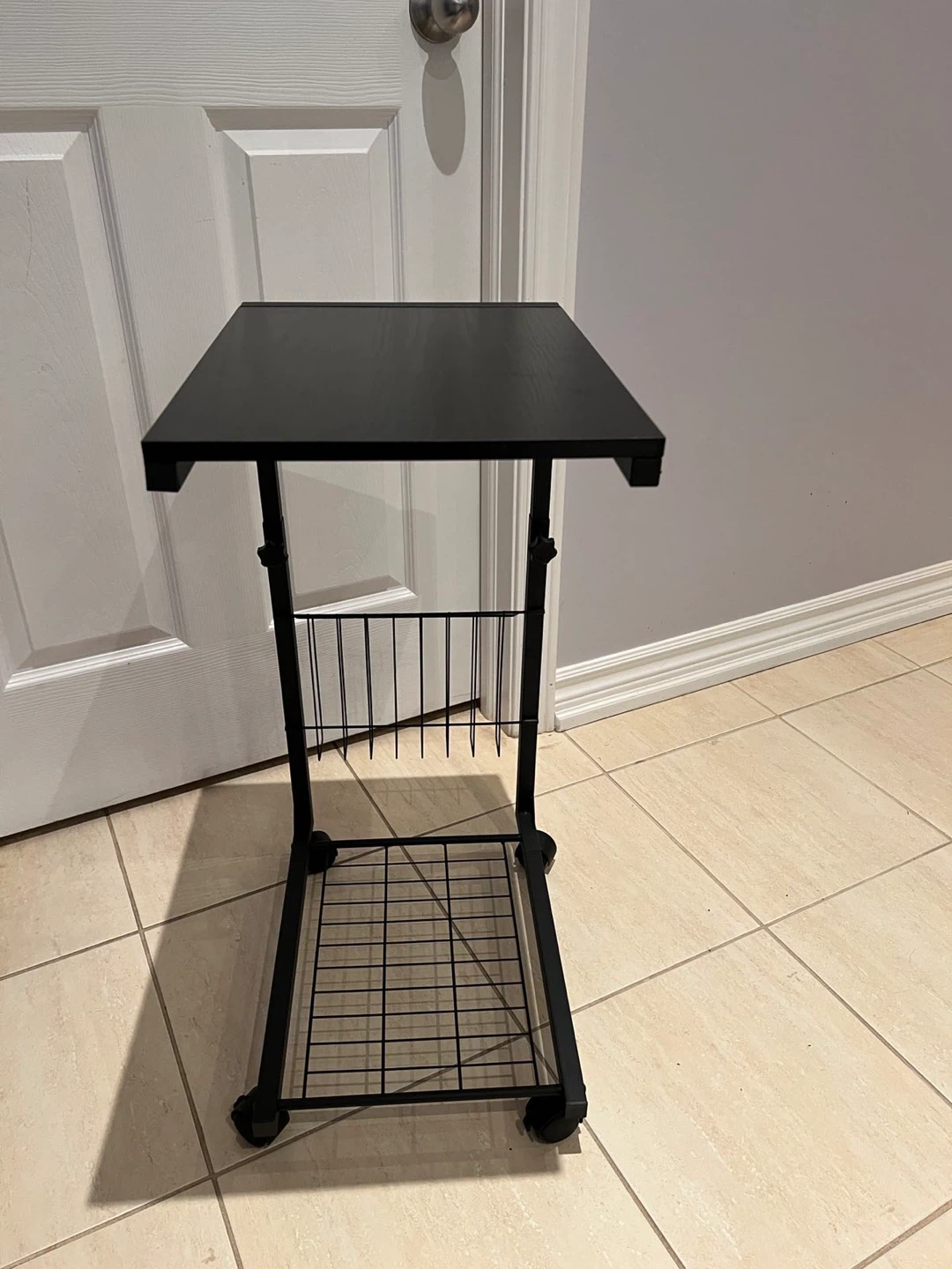 Black Rolling Side Table with Magazine Rack