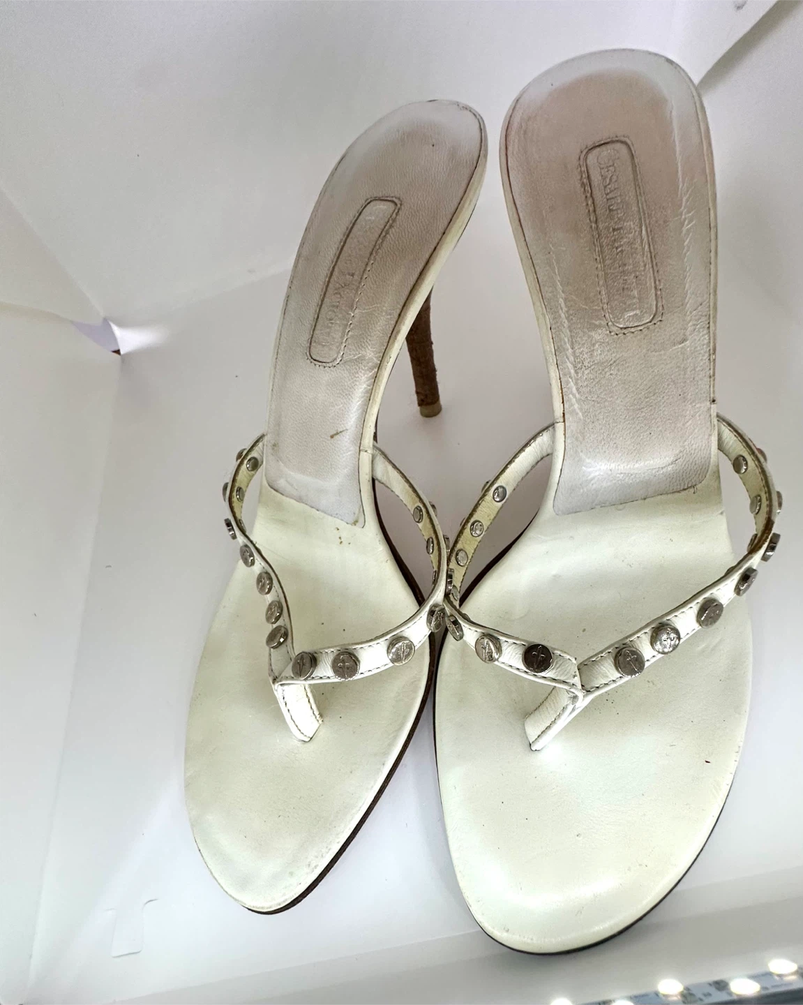 Stuart Weitzman White Studded Thong Heels