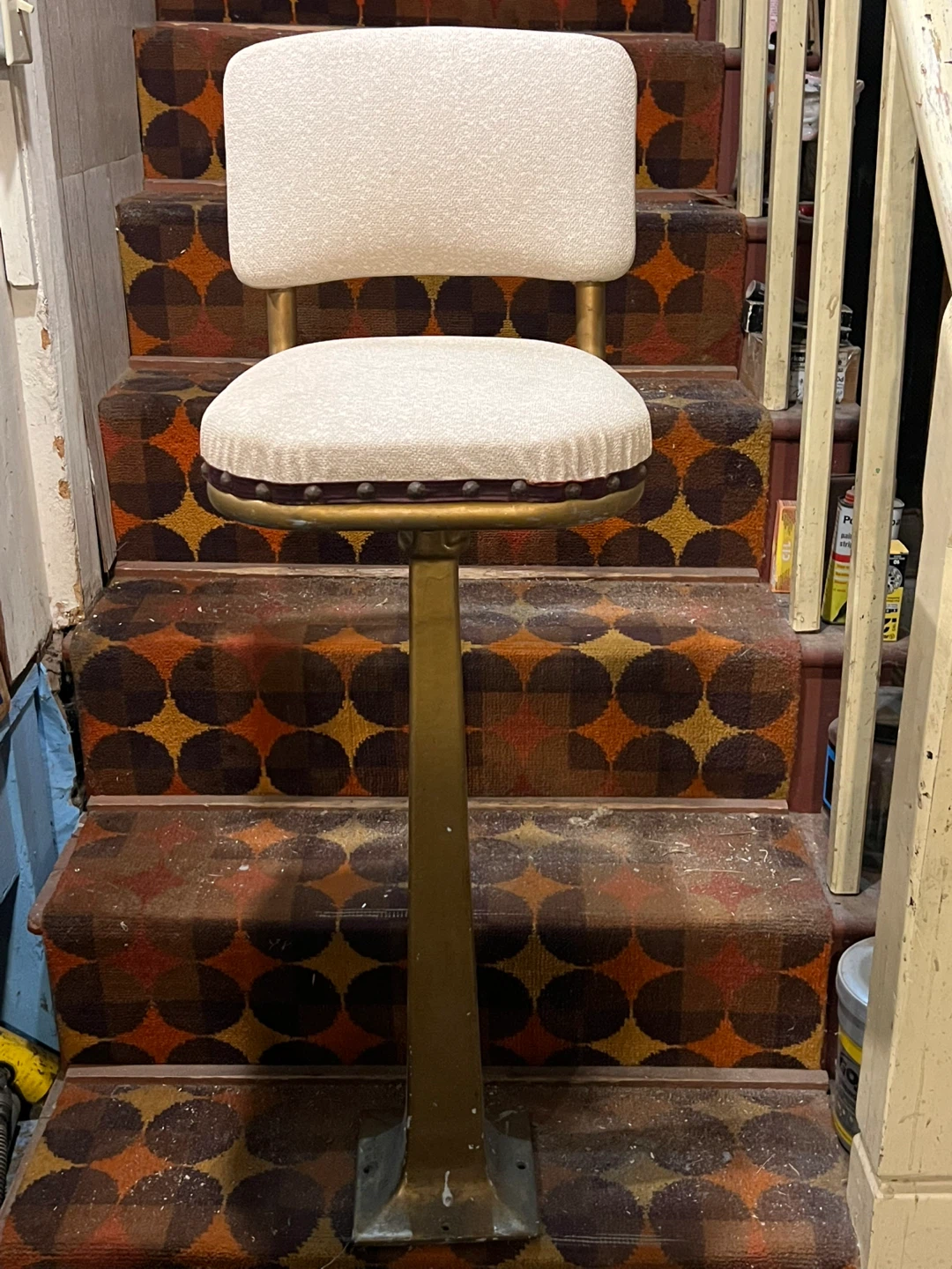 White Upholstered vintage Bar Stool with Brass Stem - photo 2