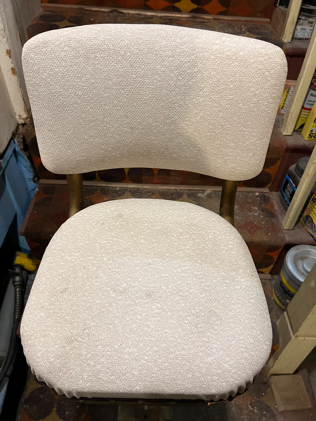 White Upholstered vintage Bar Stool with Brass Stem