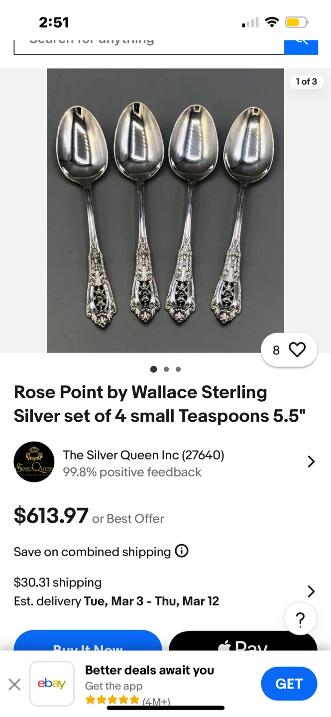 6 Vintage Wallace RosePoint Sterling Silver Teaspoons - photo 5