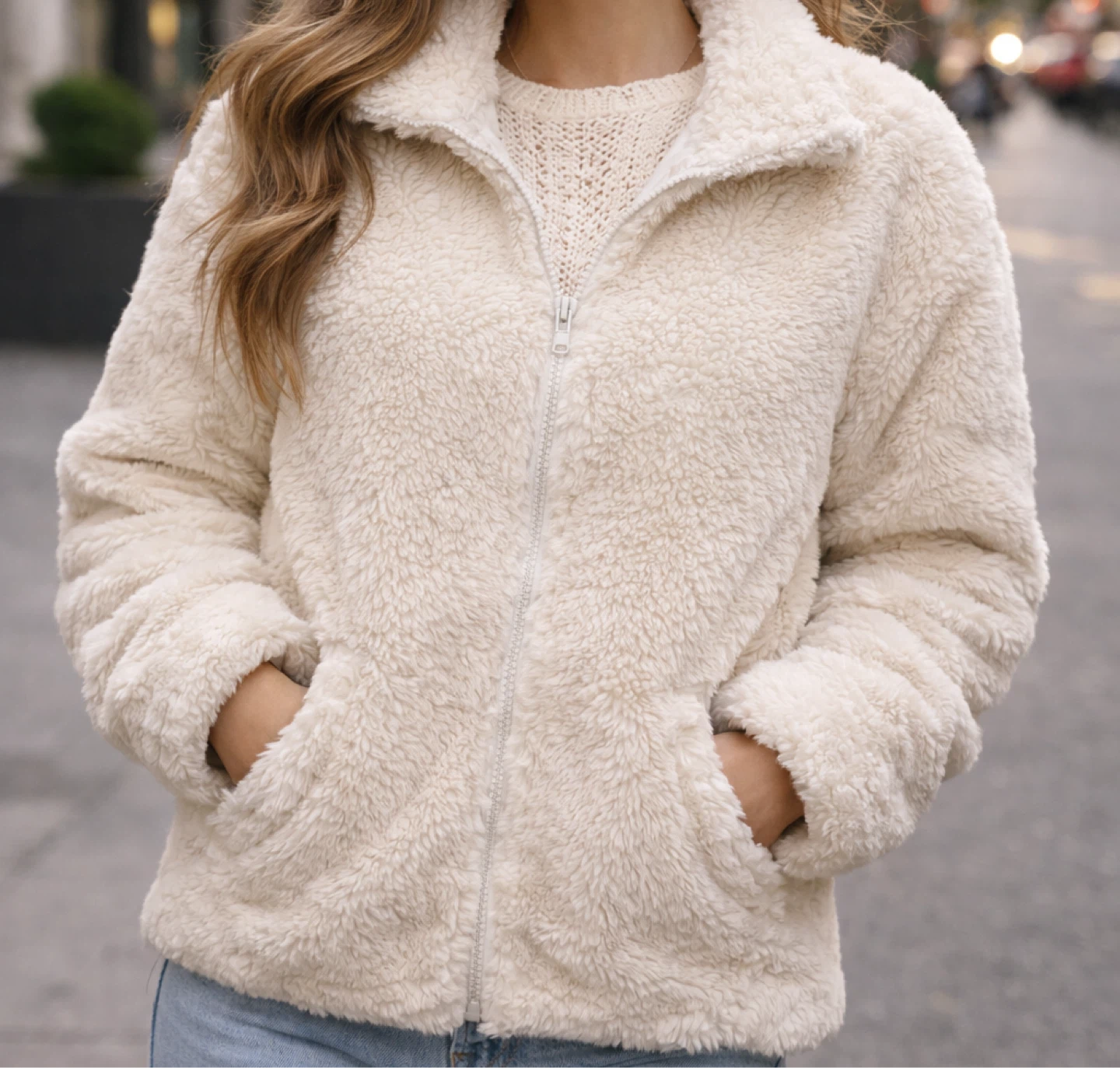 Cream Fuzzy Zip-Up Jacket