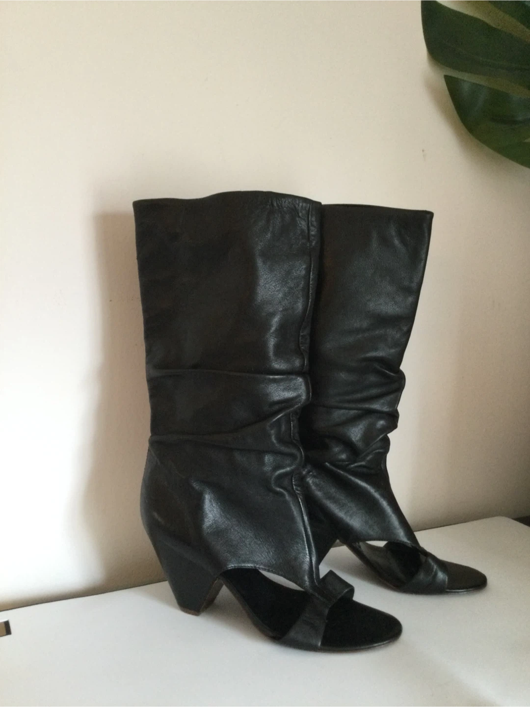 Black Leather Open Toe Slouch Boots - photo 2