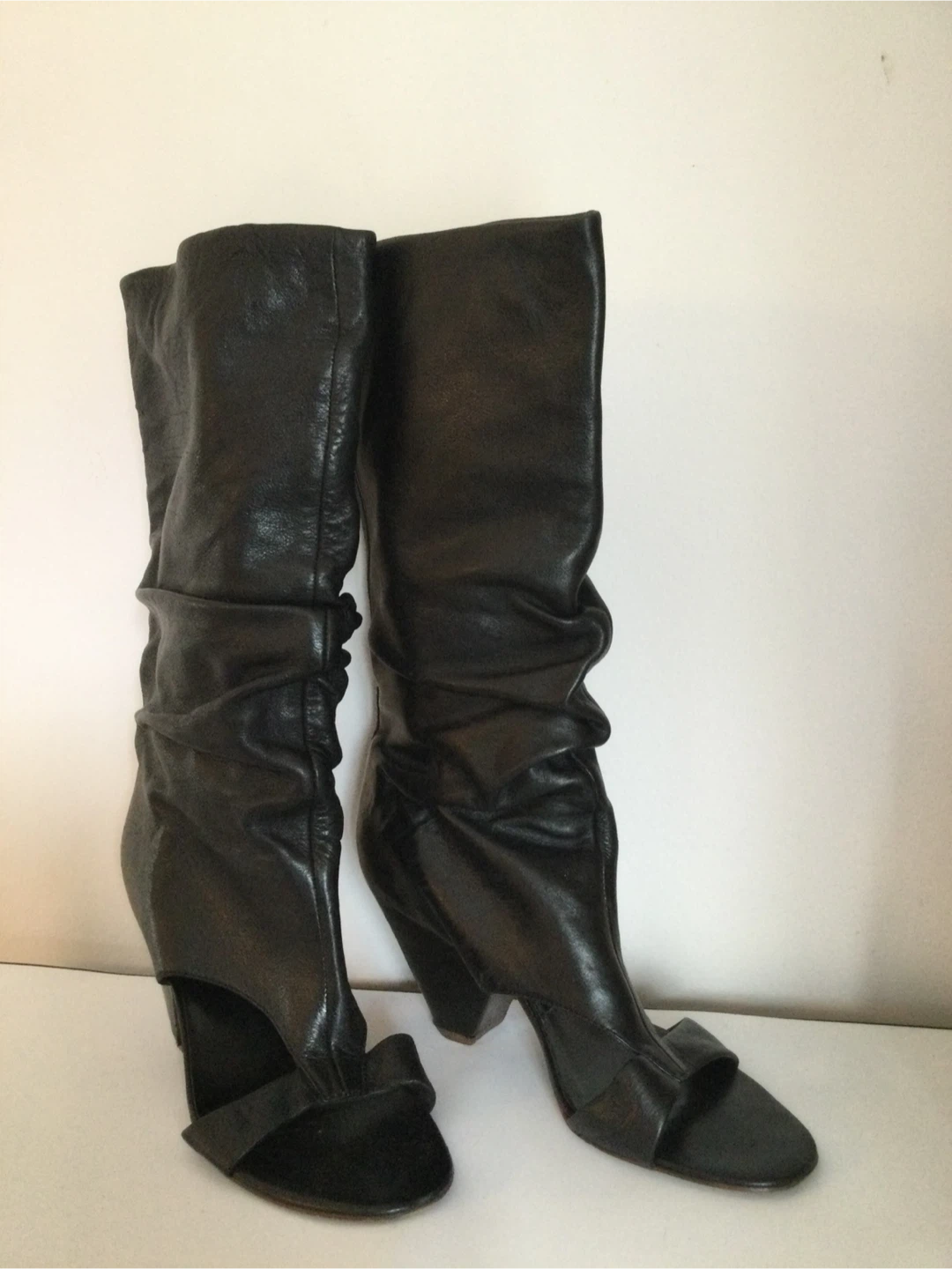 Black Leather Open Toe Slouch Boots