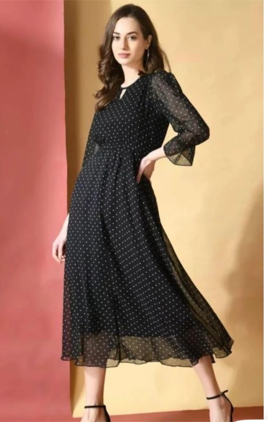 Black polka dot midi dress with sheer sleeves - photo 2