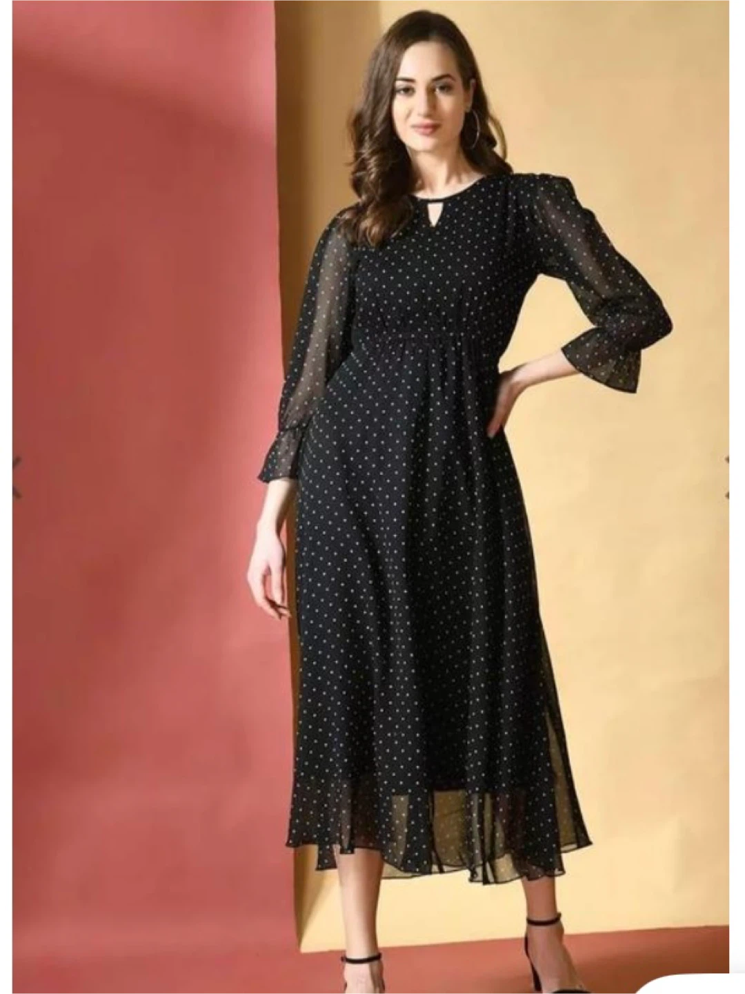 Black polka dot midi dress with sheer sleeves