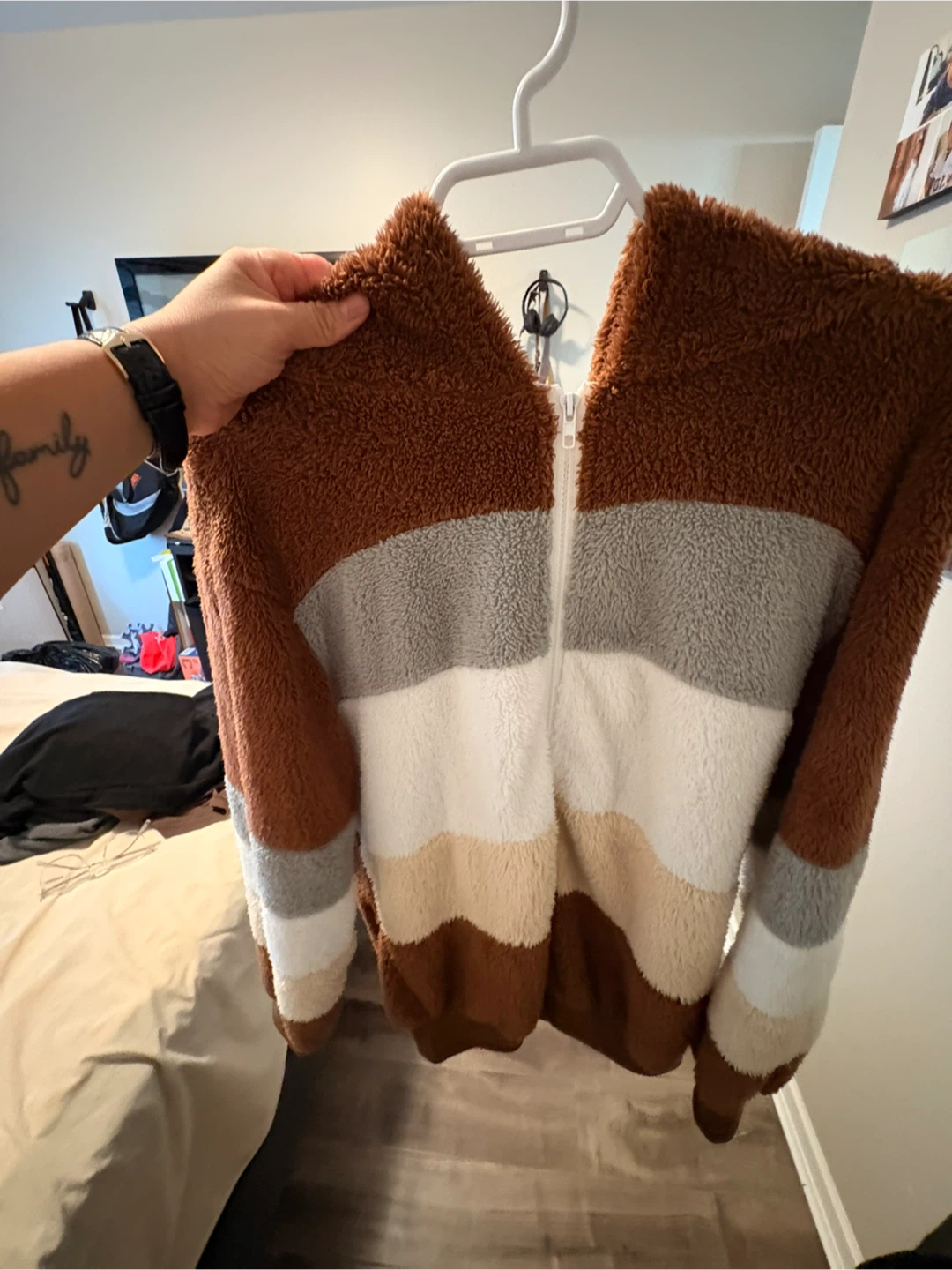 Fleece Fuzzy Striped Zip-Up Hoodie