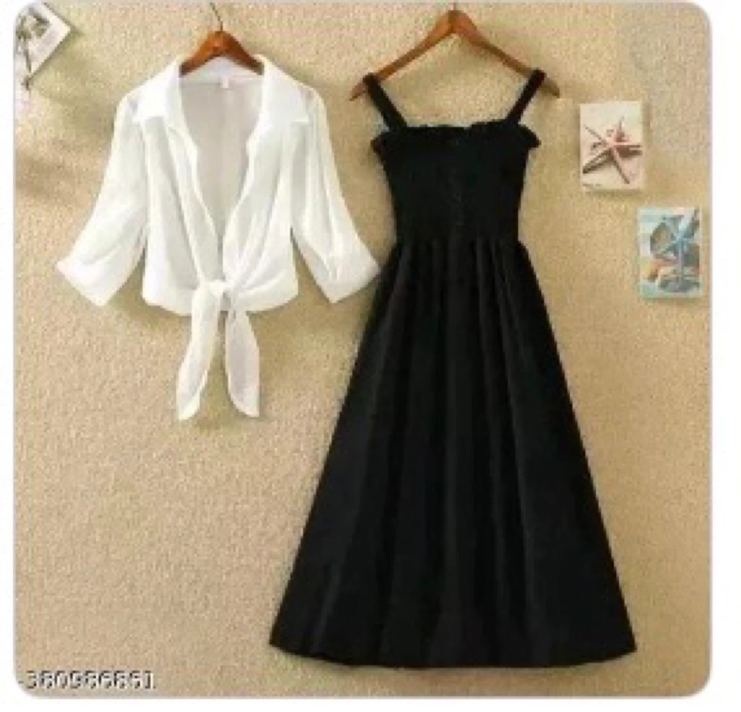 Black Smocked Dress with White Tie-Front Top