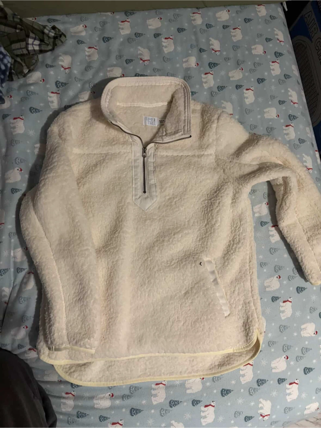 Time and Tru White Sherpa Fleece Quarter Zip Pullover Sweater