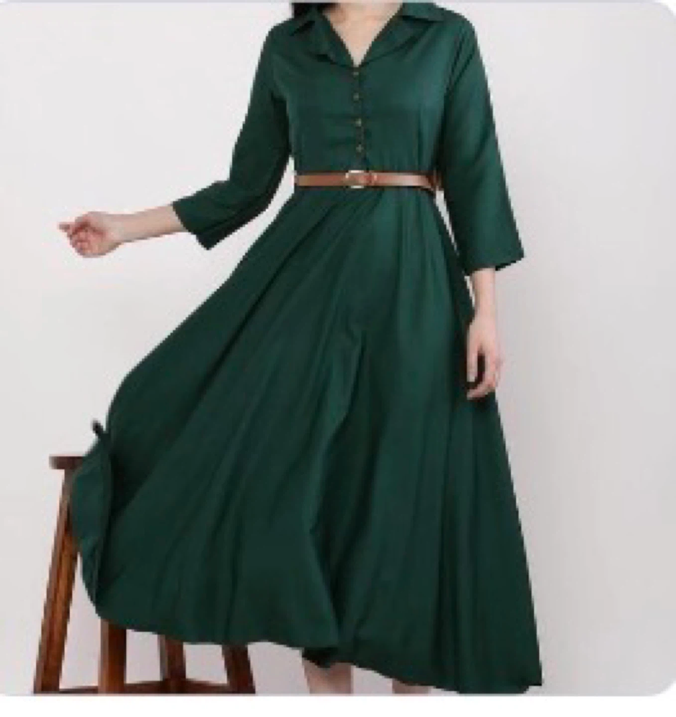 Green Collared Button-Up Maxi Dress with Brown Belt