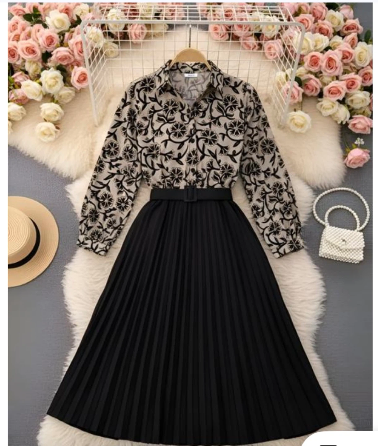 Pleated Midi Dress with Floral Print