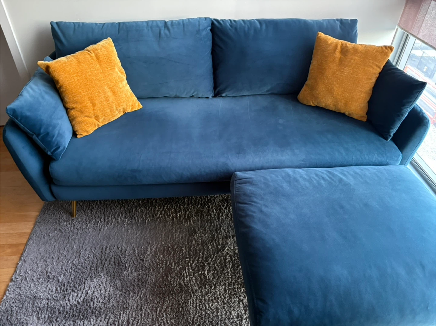 Modular Blue Velvet Sofa w/Ottoman (Albany Park)