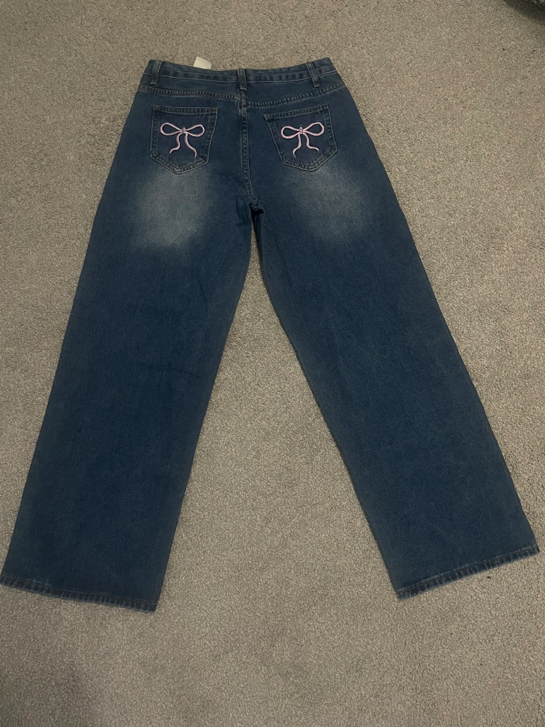 Blue Denim Wide Leg Jeans with Pink Bows - photo 2
