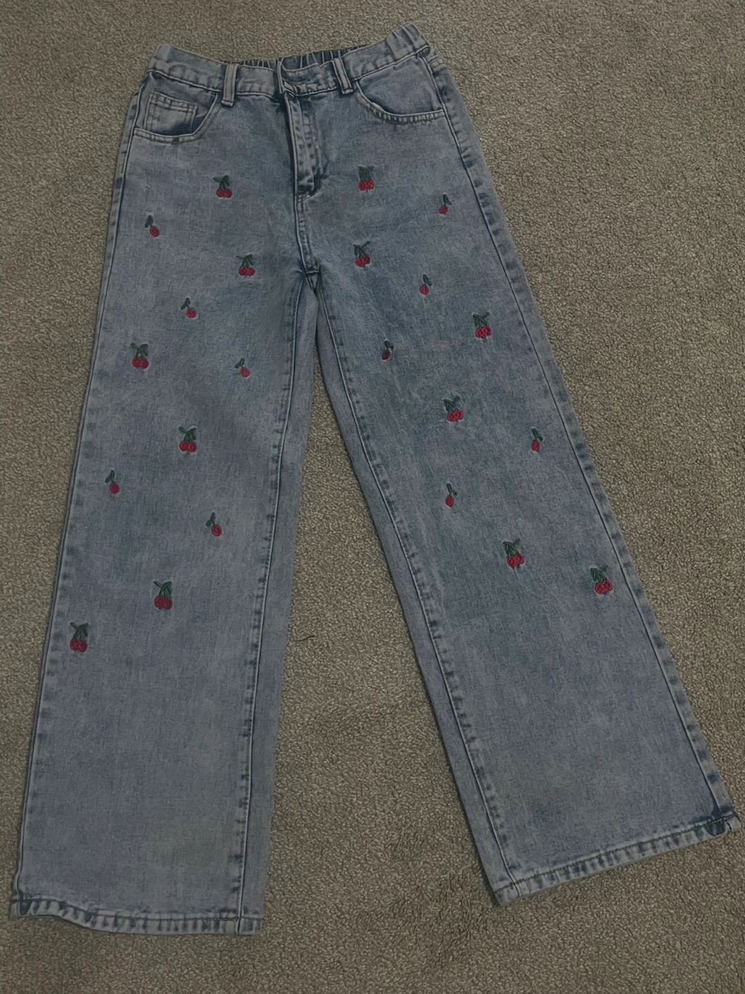 Light Wash Cherry Embroidered Wide Leg Jeans