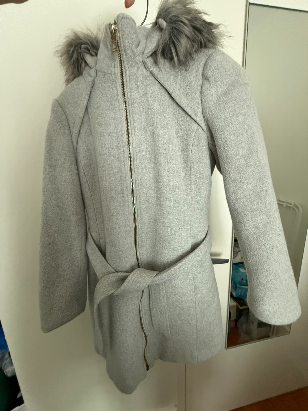 Dynamite Grey Faux Fur Hooded Coat - Size P/S