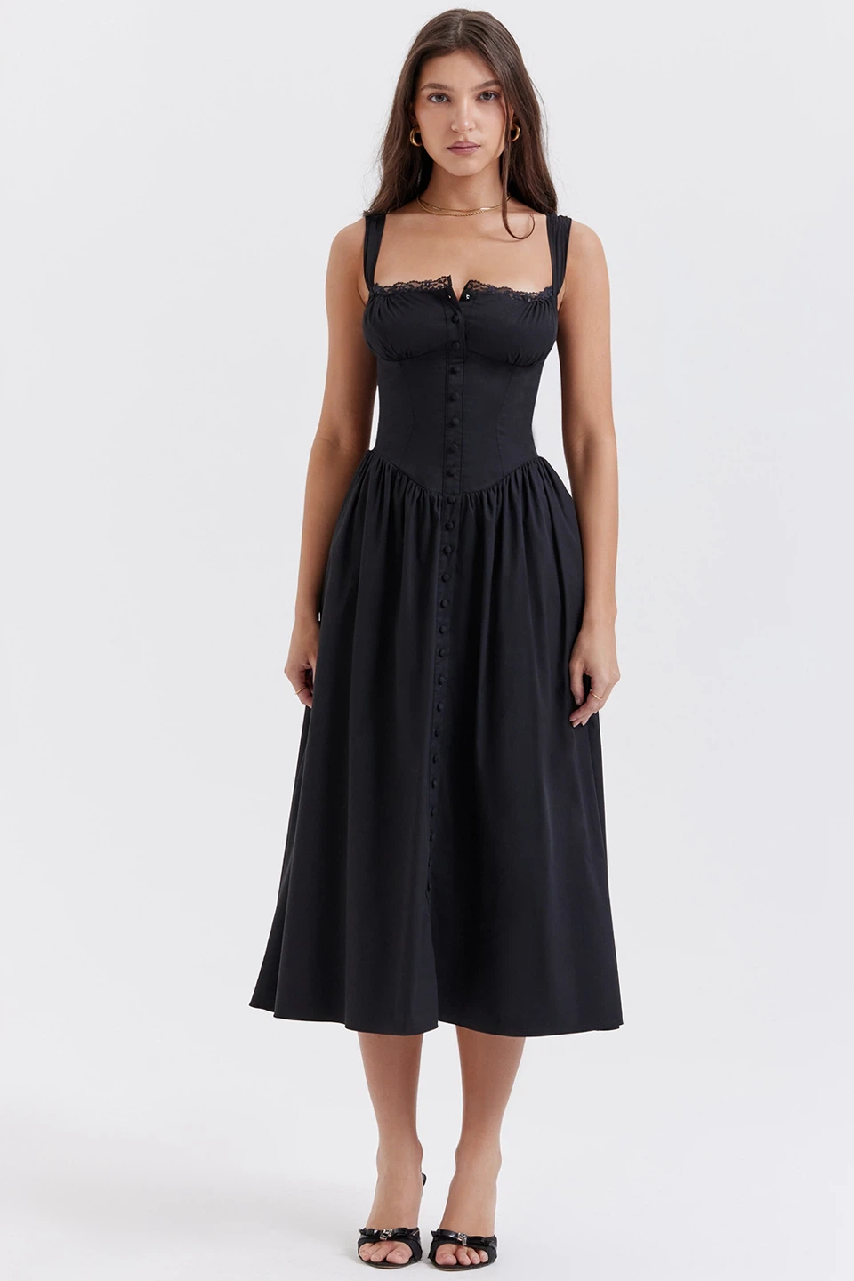House of CB Black Corset Midi Dress with Lace Trim