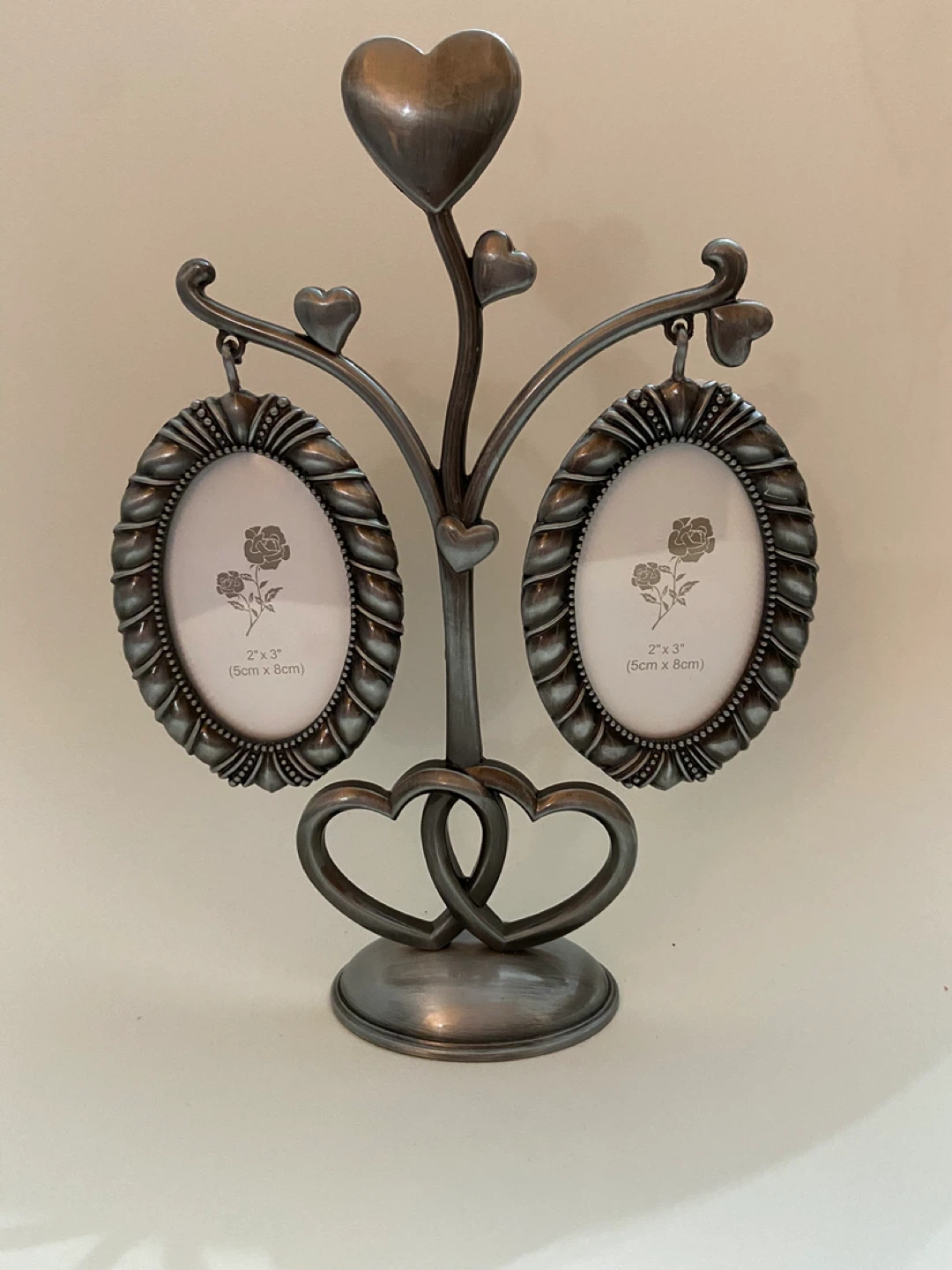 Silver Tone Double Oval Photo Frame with Hearts