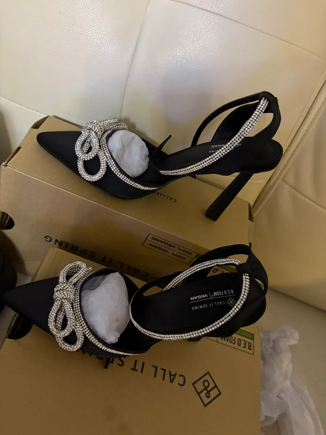 Call It Spring Black Heels with Rhinestone Bows