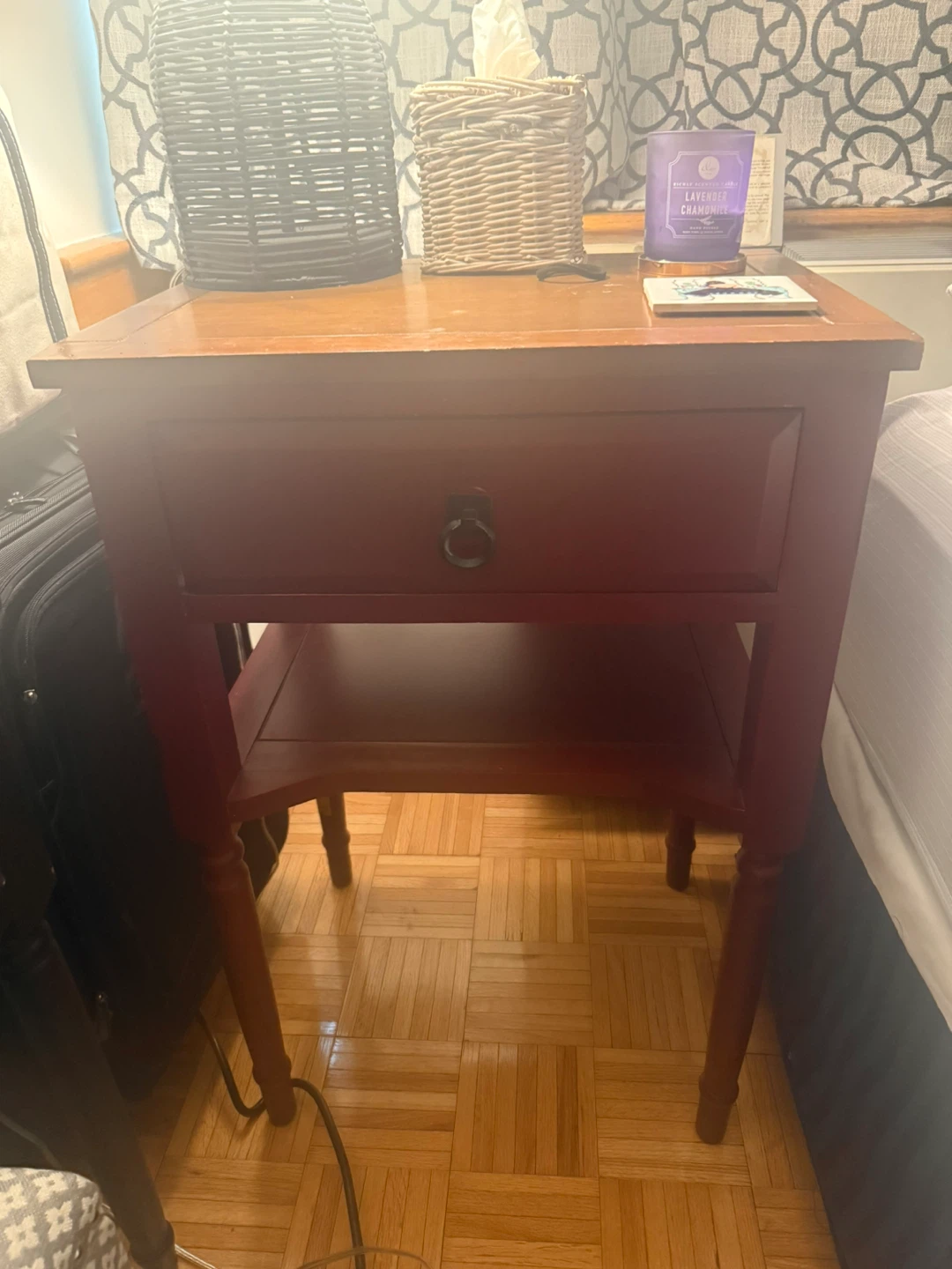 Dark Red Nightstand with Drawer and Shelf