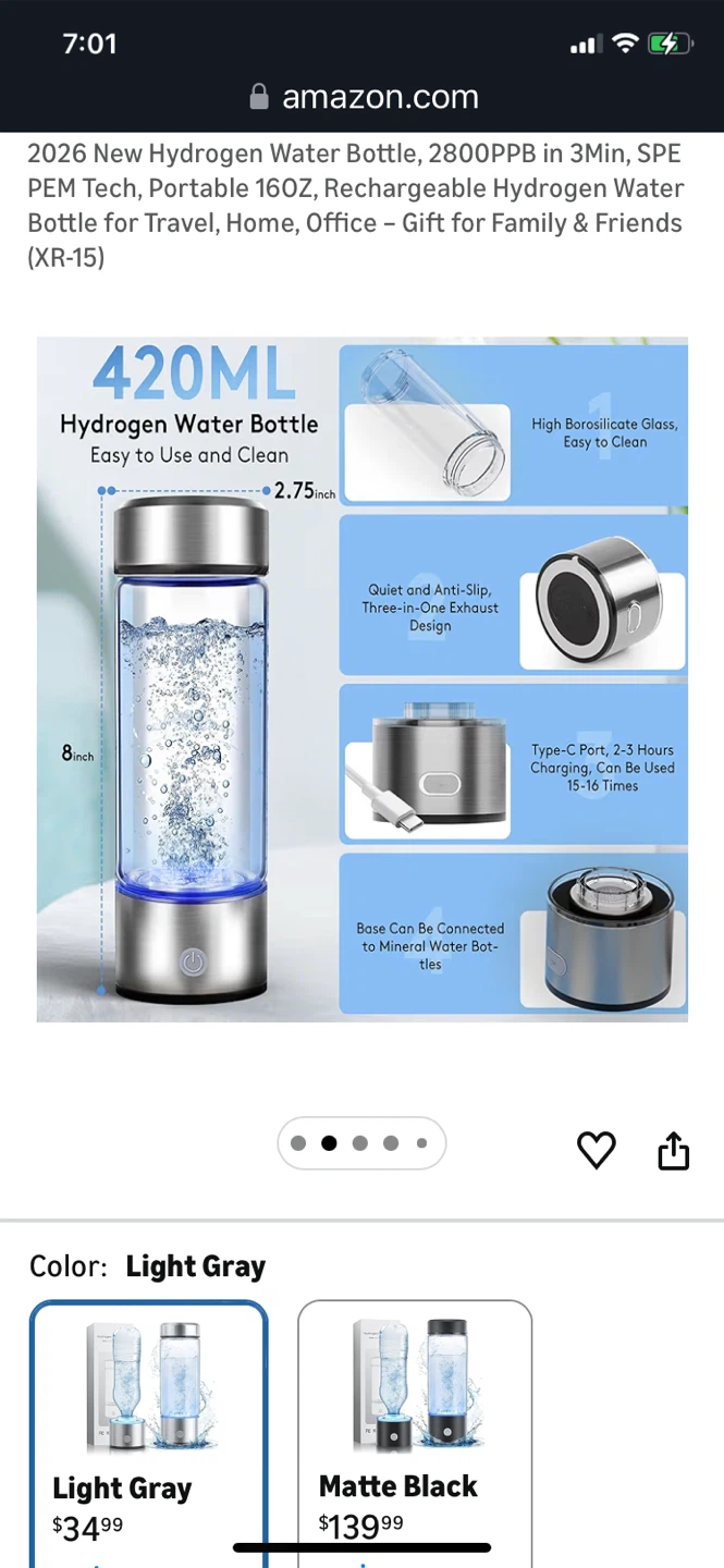 Portable Hydrogen Water Bottle - Light Gray - photo 2