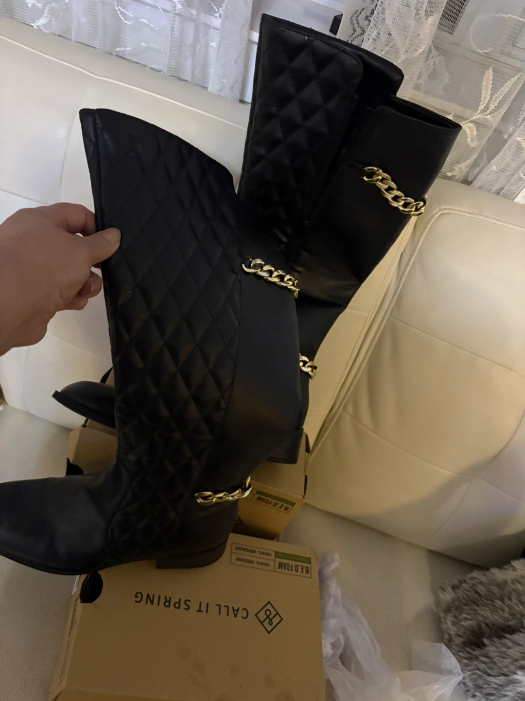 Black Quilted Knee-High Boots with Gold Chain Accent - photo 2