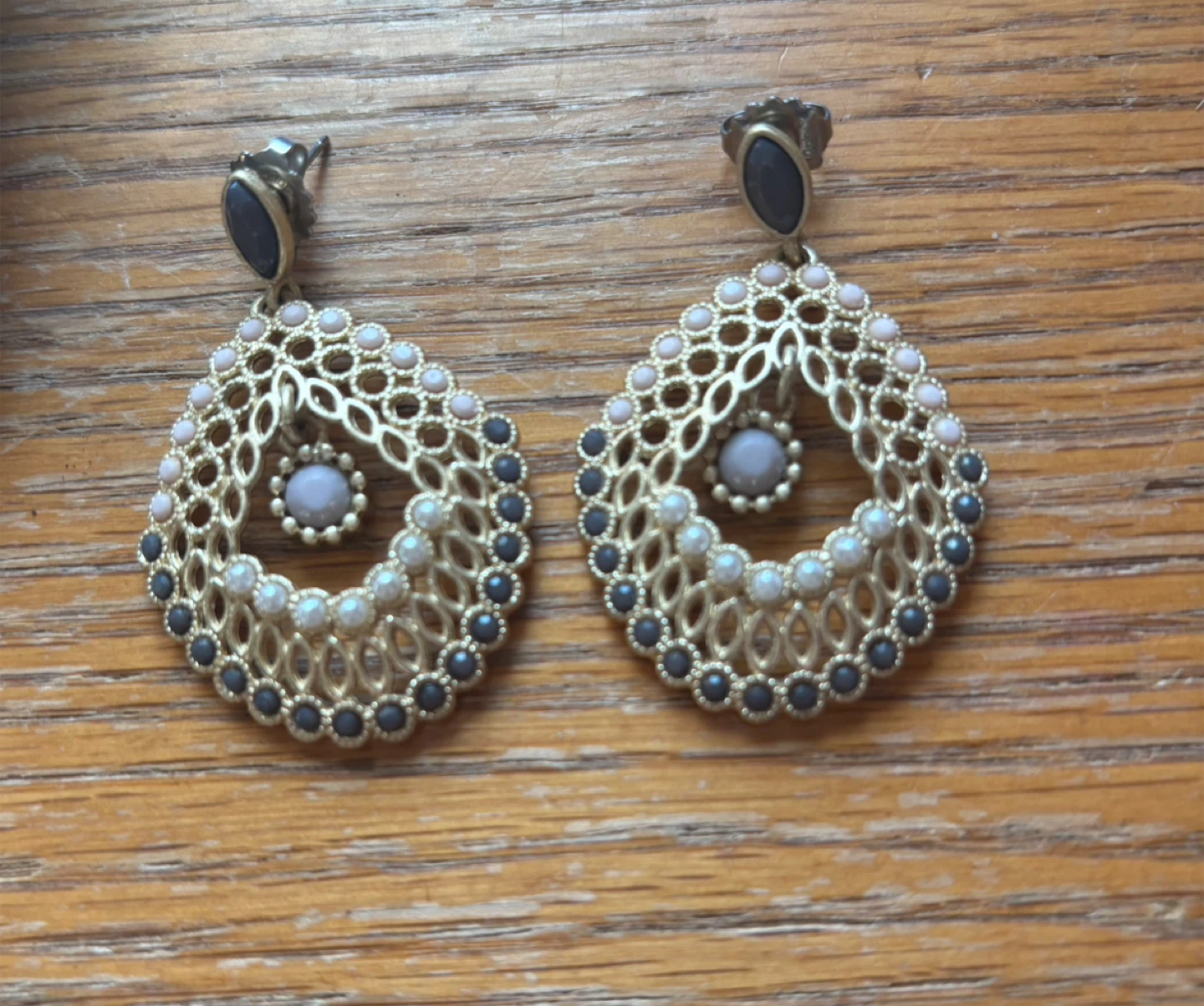 Gold Tone Dangle Earrings with White, Pink, and Grey Beads