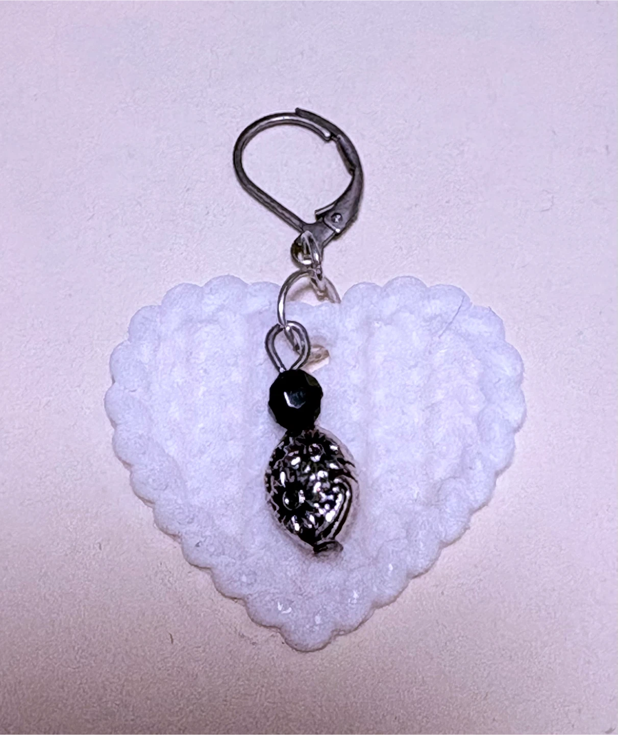 White Heart Dangle Earrings with Black Beads