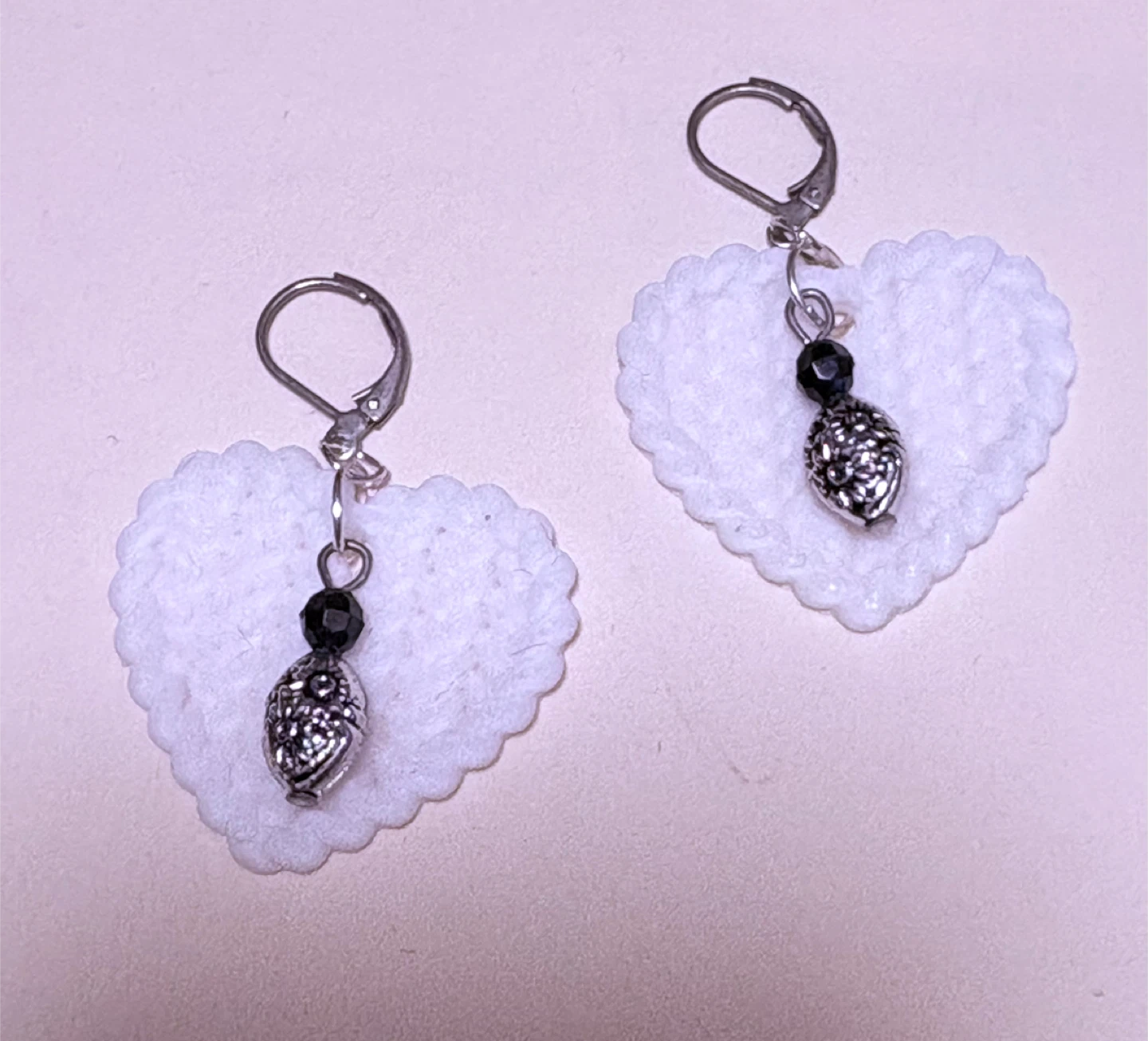 White Heart Dangle Earrings with Black Beads - photo 2