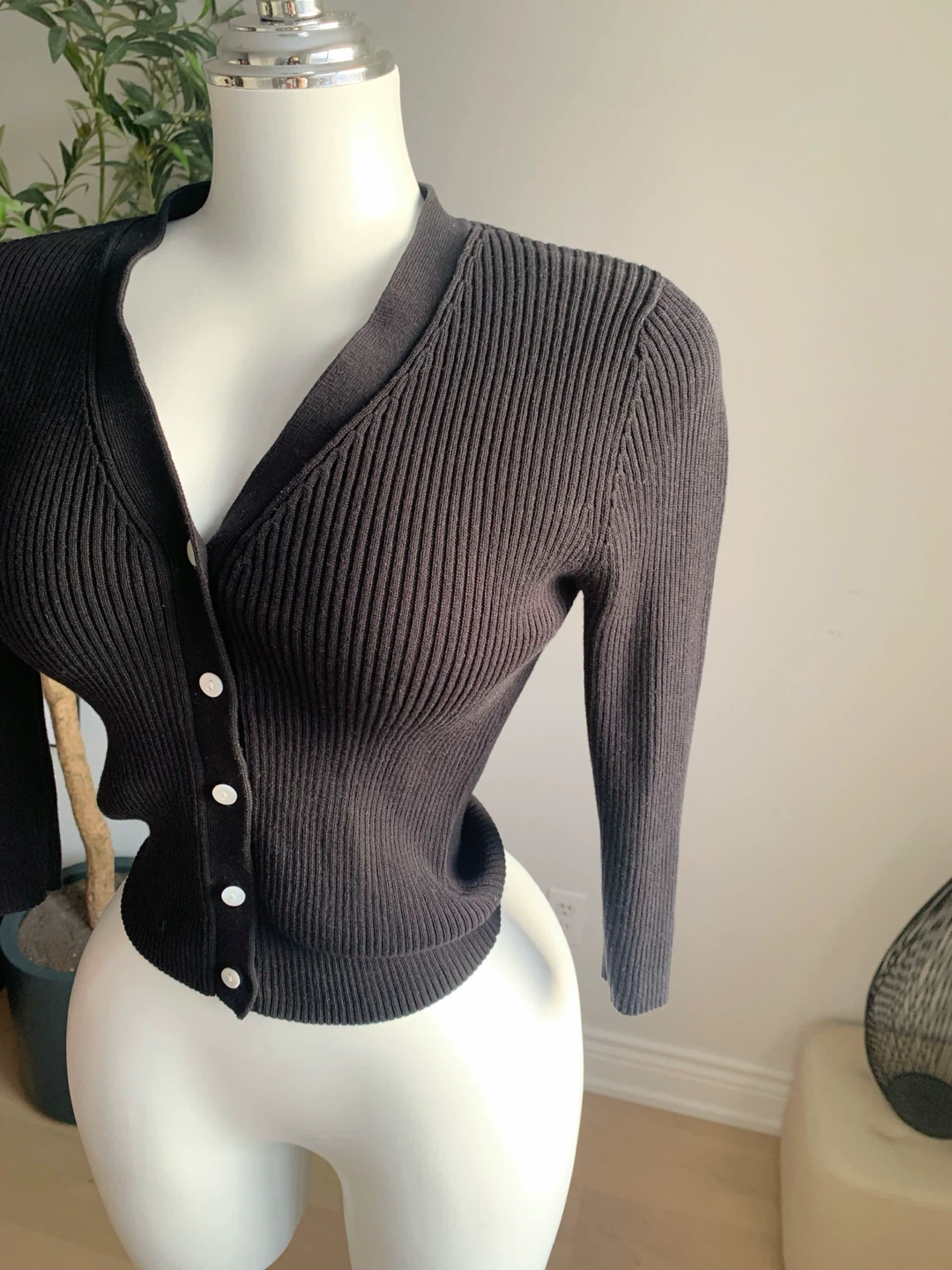 Black Cotton Rib Knit Cardigan M - photo 2