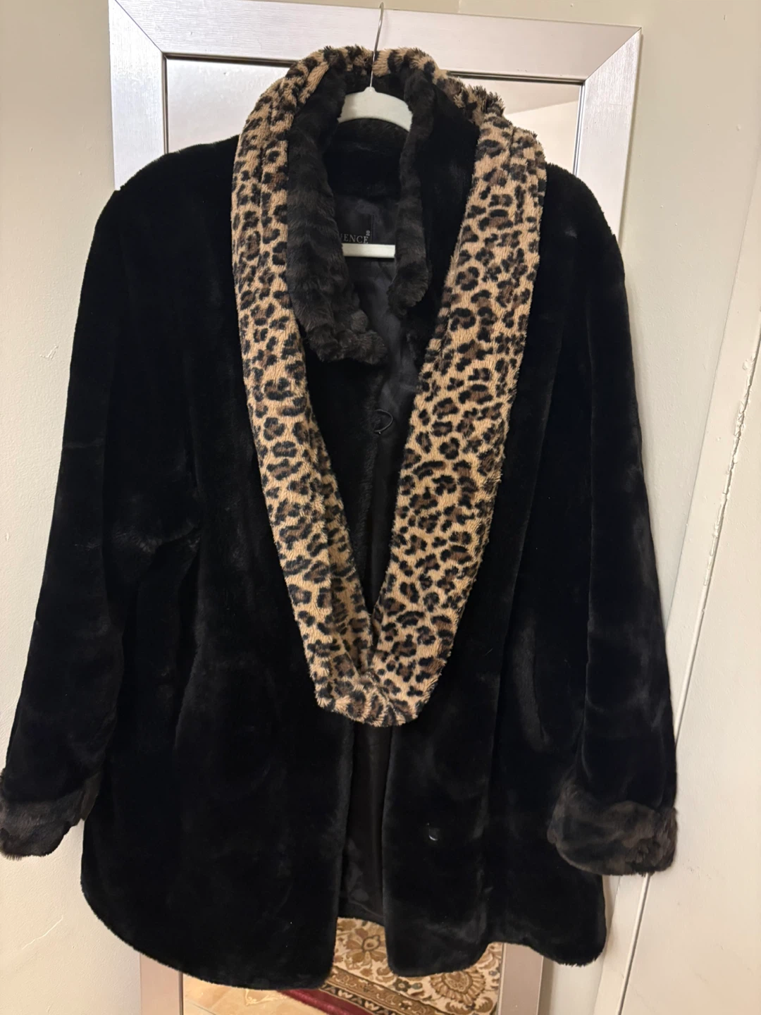 SEQUENCE Black Faux Fur Coat with Leopard Print Collar