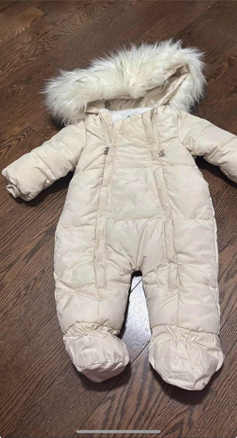 Cream Puffer Snowsuit with Fur Hood 6-9 months