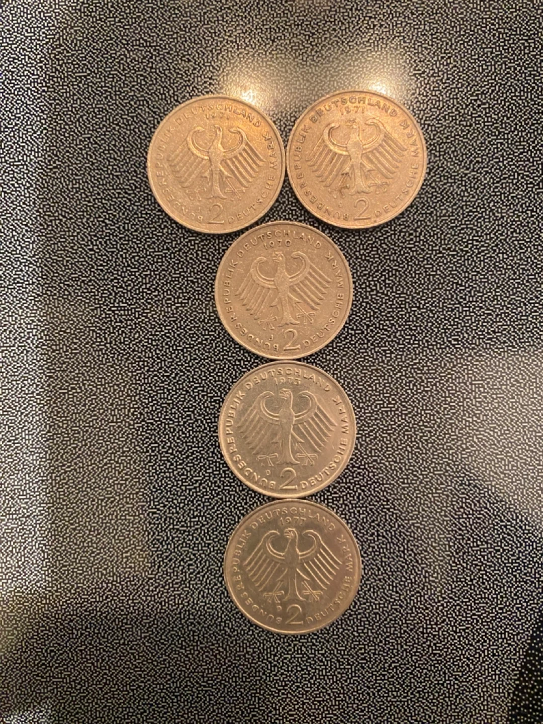 Bundle of five 2 Deutsche Mark coins from West Germany