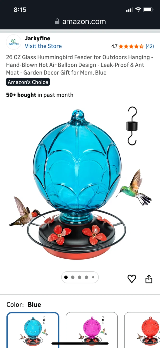 Jarkyfine 26 oz Glass Hot Air Balloon Hummingbird Feeder - Blue