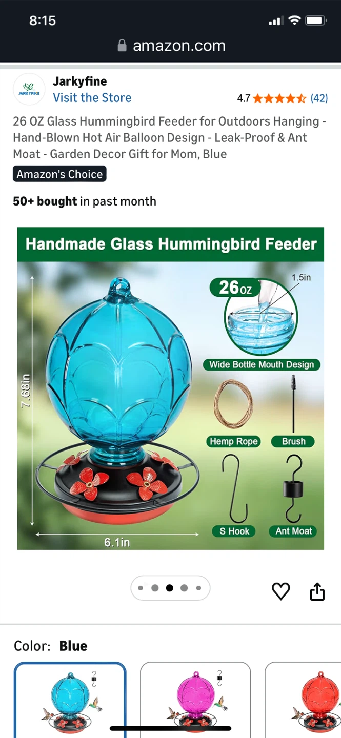 Jarkyfine 26 oz Glass Hot Air Balloon Hummingbird Feeder - Blue - photo 2