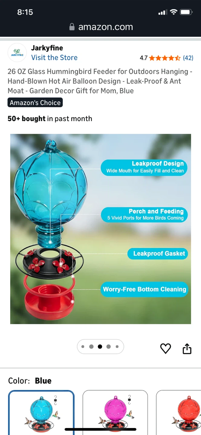 Jarkyfine 26 oz Glass Hot Air Balloon Hummingbird Feeder - Blue - photo 3