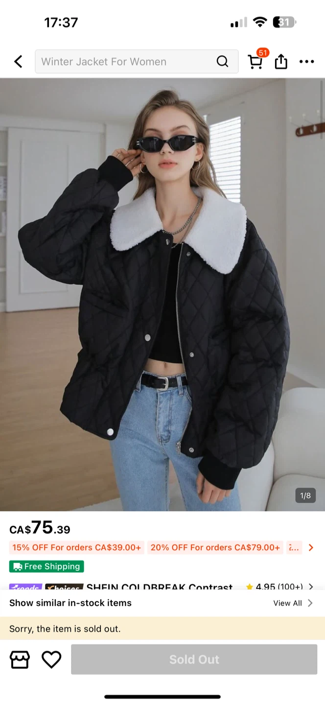 SHEIN Dazy Contrast Teddy Collar Quilted Padded Coat - Black - photo 2