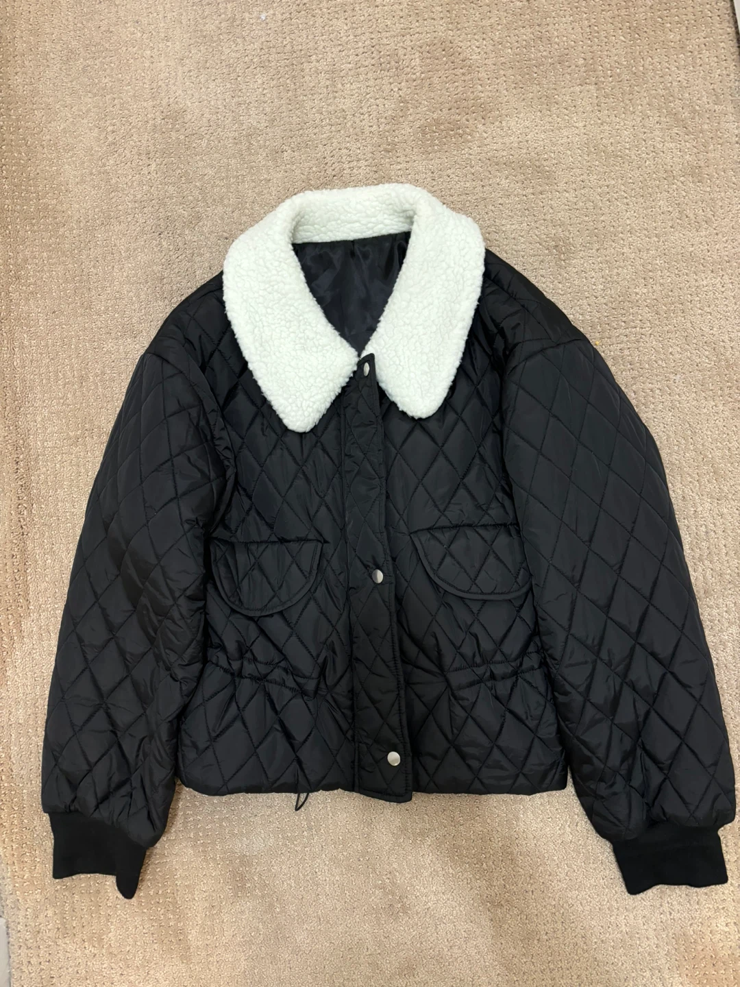 SHEIN Dazy Contrast Teddy Collar Quilted Padded Coat - Black