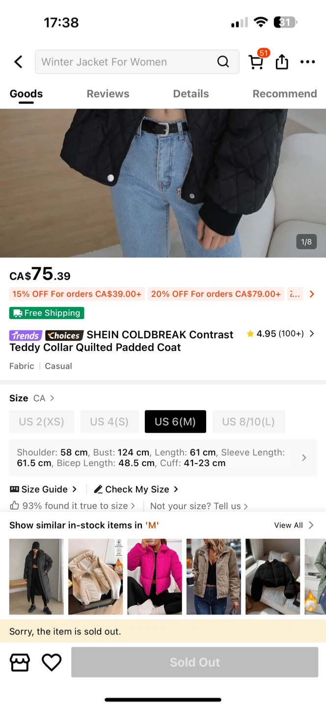 SHEIN Dazy Contrast Teddy Collar Quilted Padded Coat - Black - photo 3