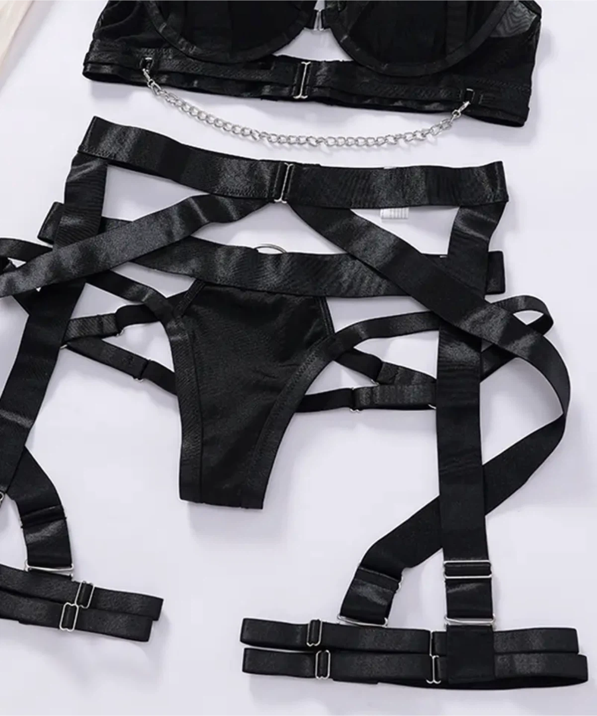 Black Mesh & Satin Bra with Chain Detail and Harness Panty Set - photo 3