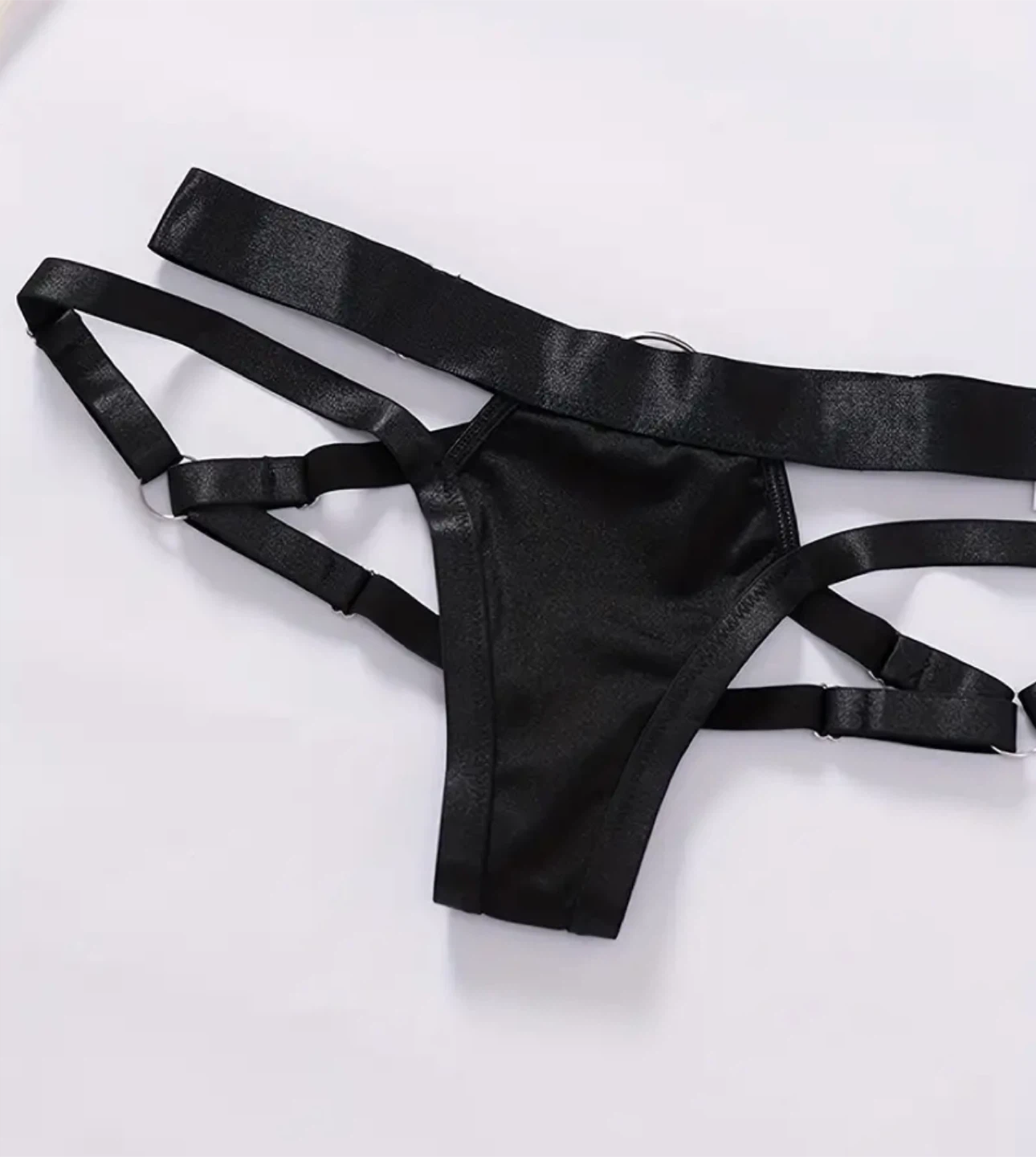 Black Mesh & Satin Bra with Chain Detail and Harness Panty Set - photo 4