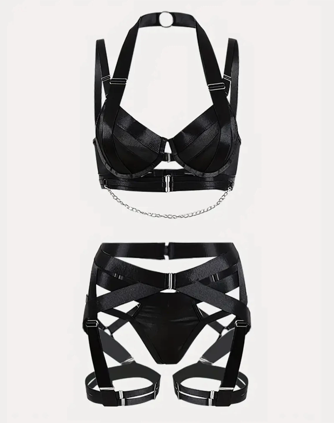 Black Mesh & Satin Bra with Chain Detail and Harness Panty Set