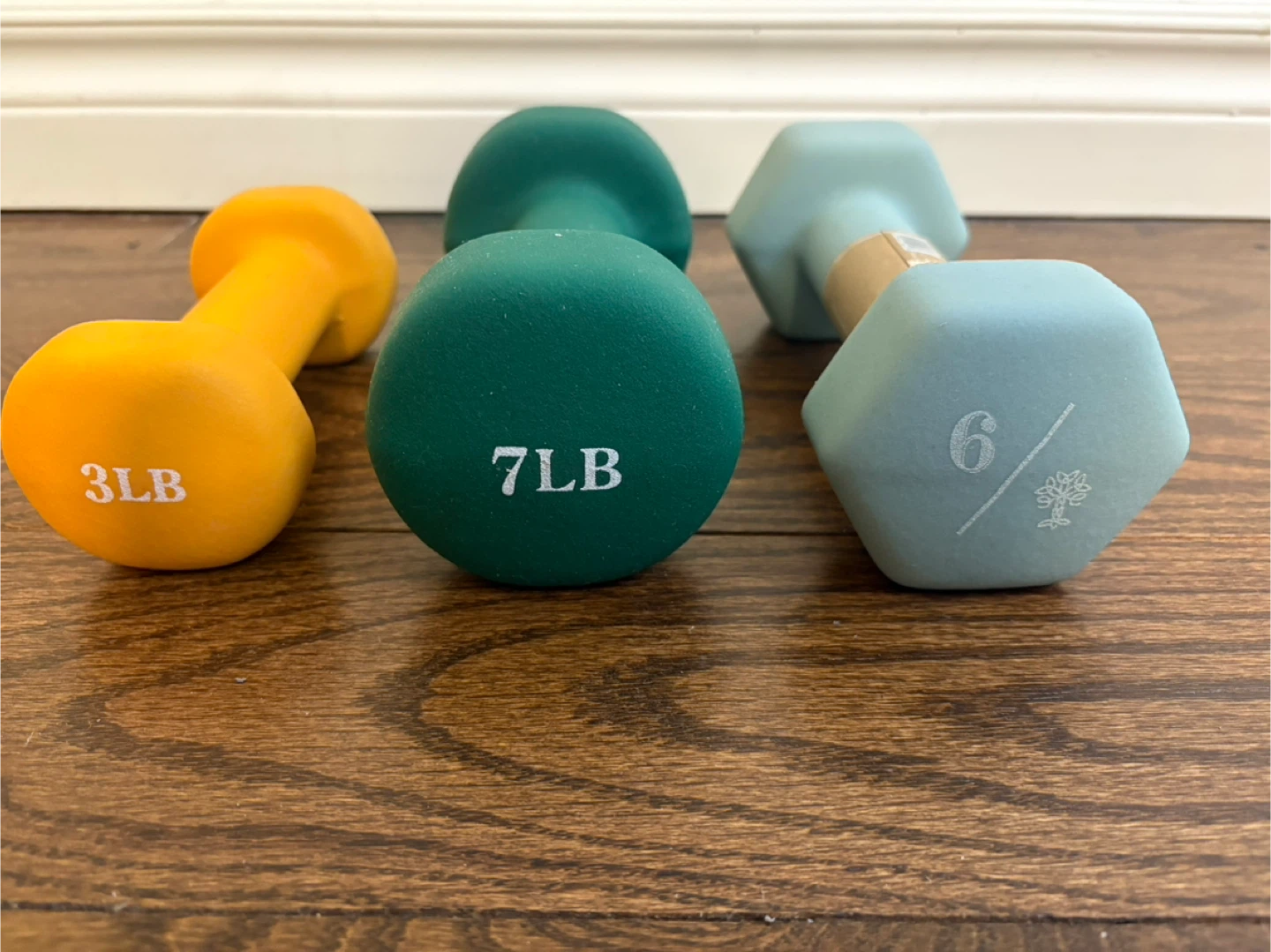 3 lbs, 6 lbs and 7 lbs dumbbells