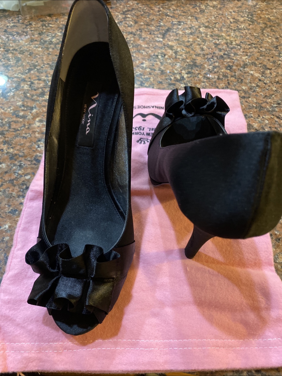 Nina Women's Black Satin Peep-Toe Heels - photo 2