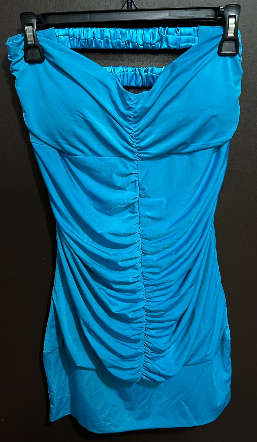Blue Ruched Halter Dress - L